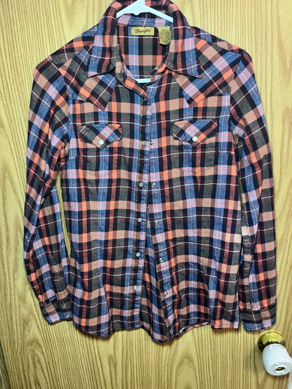 Wrangler Coral, Blue and Black Plaid Flannel Western Shirt